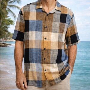 Trust Linen Blend Plaid Button Up Shirt XXL Short Sleeve Blue Tan Black Casual